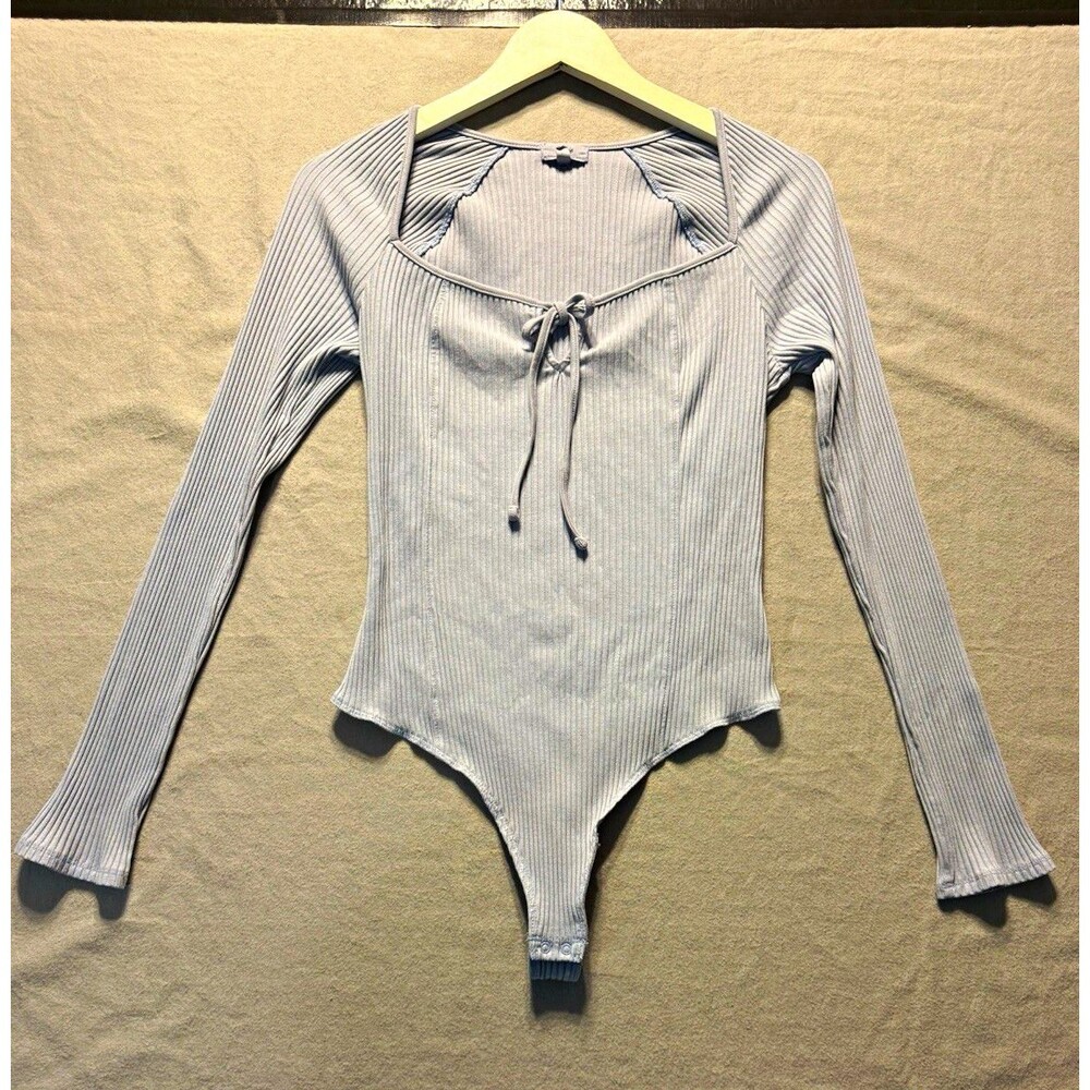 Aerie Women's Blue Long Sleeve Tie Front Stretch Bodysuit Solid Size M